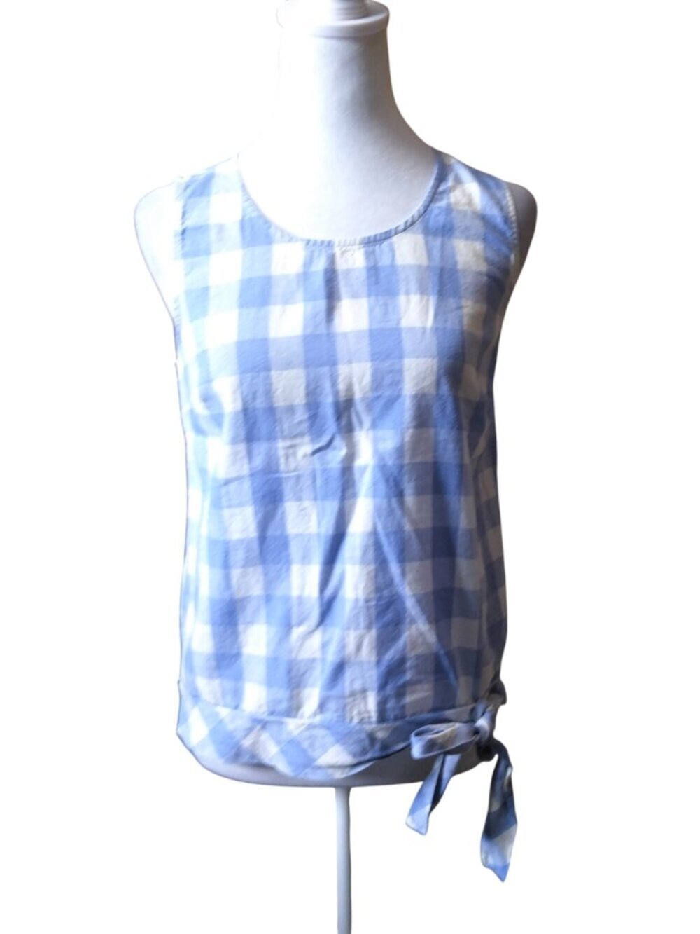 J Crew Gingham Sleeveless Blue White Gingham Side Tie Blouse Top Size 2  Preppy